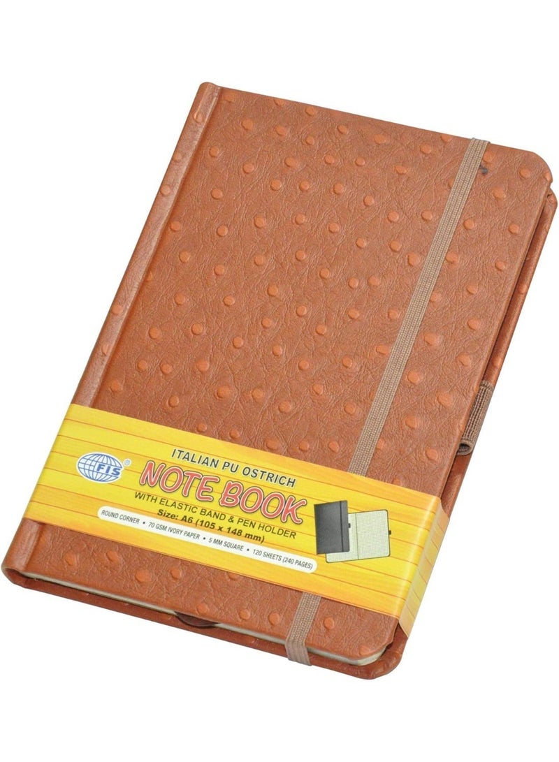 FIS دفتر ملاحظات فئة FIS التنفيذي بغطاء من جلد النعام الإيطالي، ورق عاجي، 5 مم مربعات مع شريط مطاطي، لون بني، 120 ورقة، حامل قلم وصندوق هدايا، حجم A6 - FSNBEX5MMA6BR - Image 1